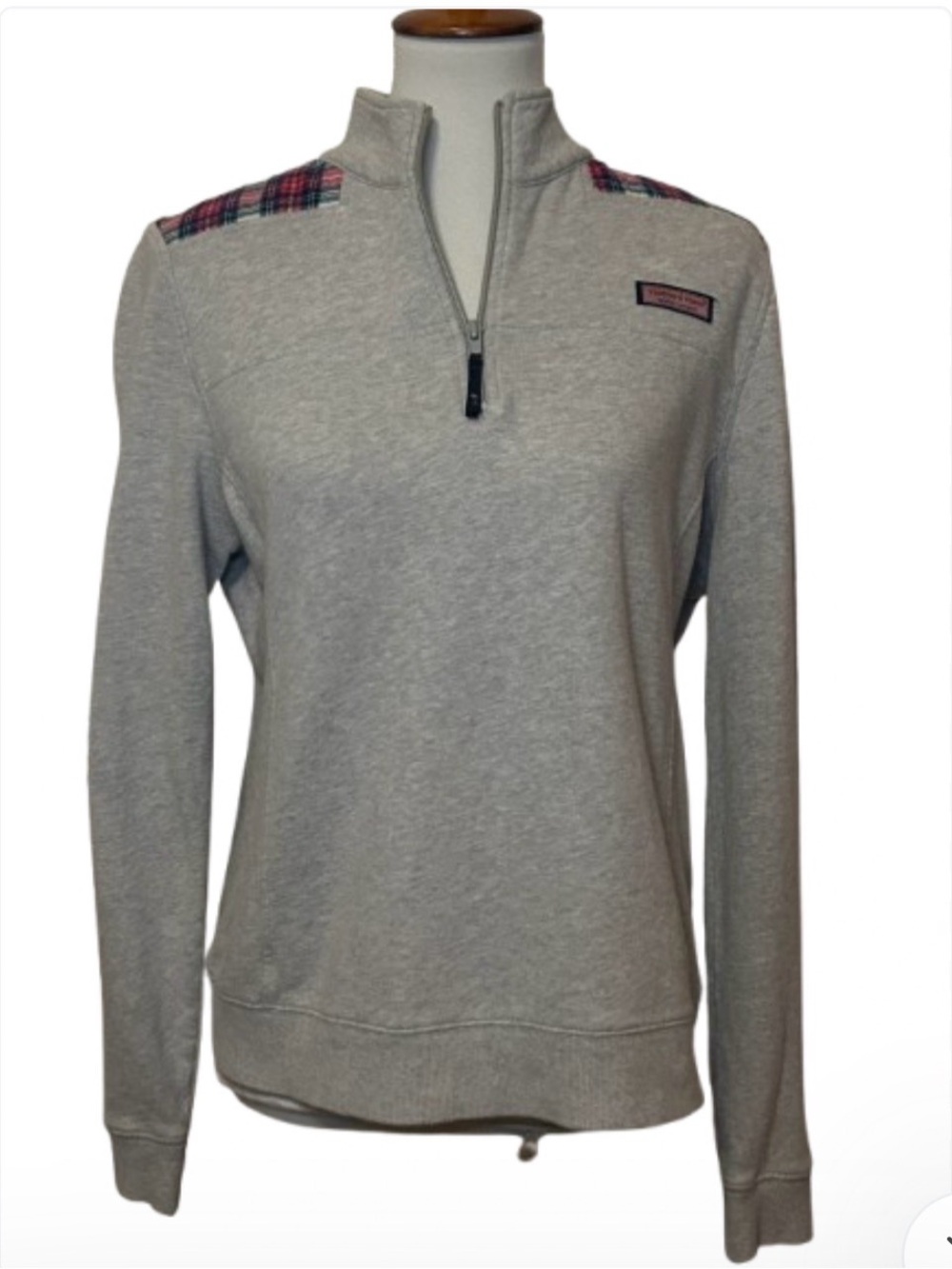 Vineyard Vines Shep Shirt Light Gray Quarter-Zip Pullover with Plaid Shoulders M